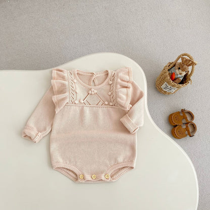 パステルピンクフリルニットロンパース