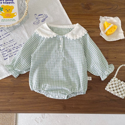 白衿ギンガムチェックロンパース