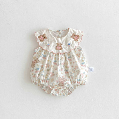 🅽🅴🆆 [66-90] ベア刺繍フリルカラーロンパース
