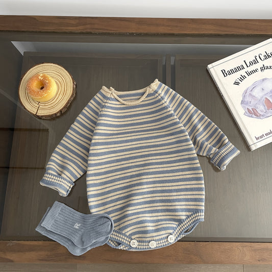 こっくりブルーニットボーダーロンパース