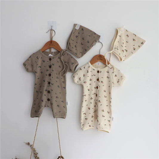 🅽🅴🆆 [2color / 66-90] ナチュラルワッフルフラワーロンパース&ボンネット