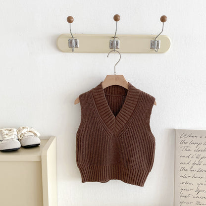 [2color / 80-130] Vネックレトロベストニット