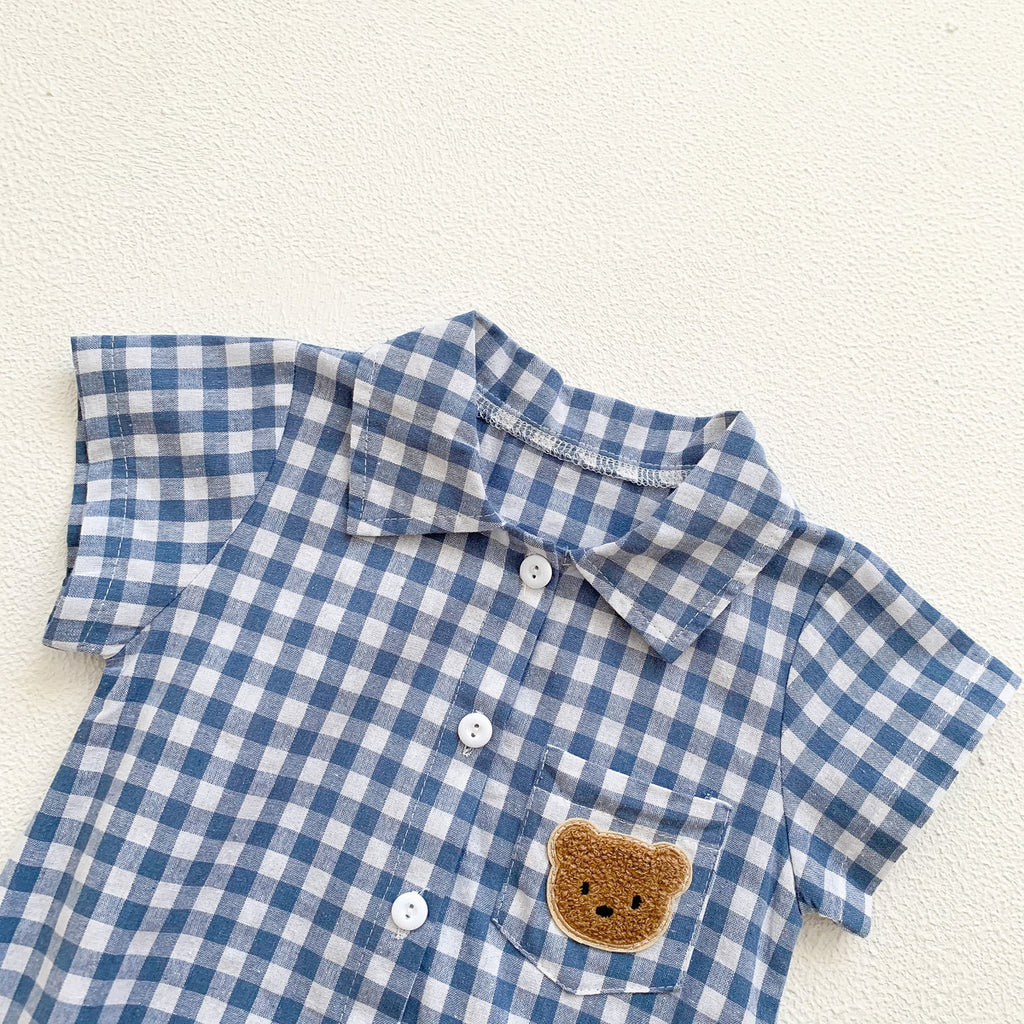ポケットくまちゃんチェックロンパース(3color)